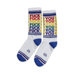 Pair of white crew socks with rainbow 'FUCK YOU' text and smiley faces. Blue and purple stripes at the cuff.