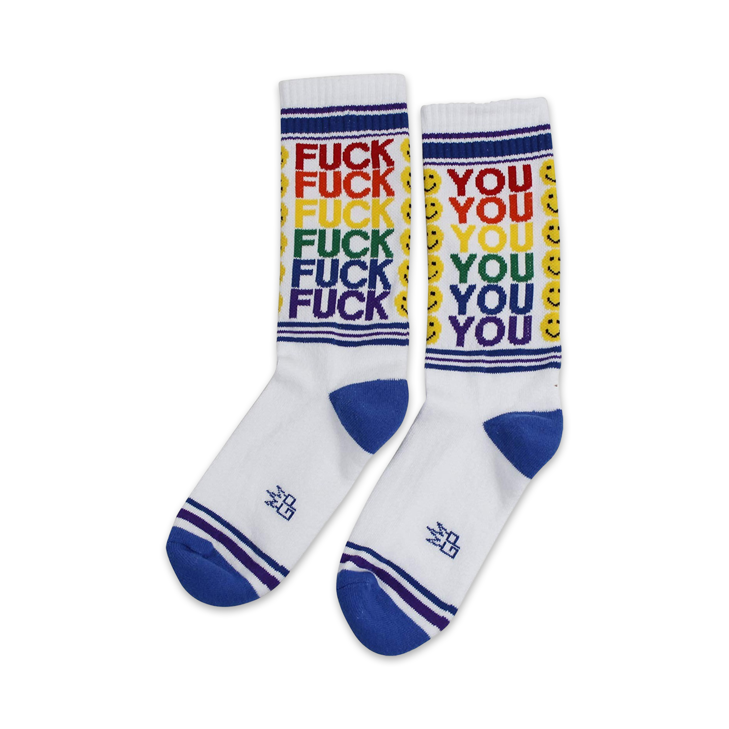Pair of white crew socks with rainbow 'FUCK YOU' text and smiley faces. Blue and purple stripes at the cuff.