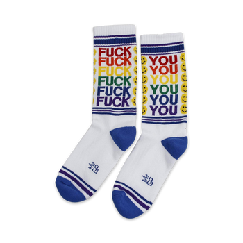 sassy unisex socks with multi-colored &quot;fuck you&quot; text on a white background; blue toes, heels, and crew length; for men and women.   