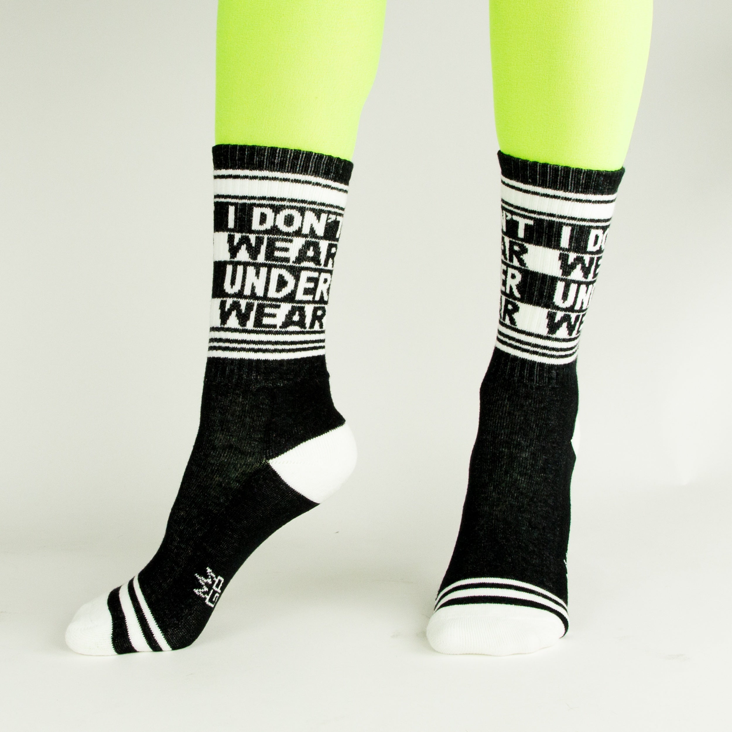 Flat lay product shot: Two 'I Don't Wear Underwear' socks laid flat, showcasing the design and details.