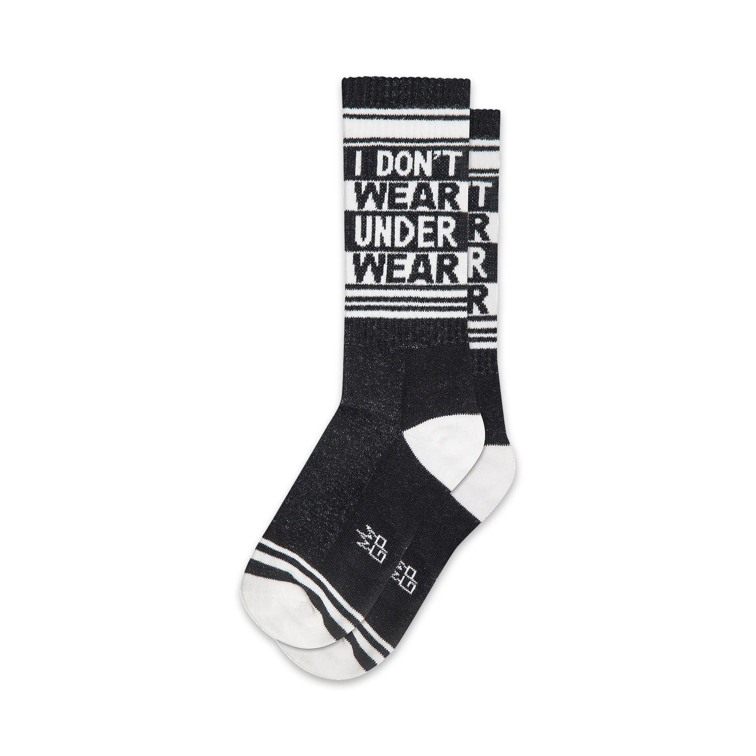 Pair of black crew socks with white stripes and the repeated phrase 'I DON'T WEAR UNDERWEAR'.
