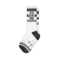 Pair of black and white crew socks with 'I'D FUCK ME' vertically printed. Features black and white stripes.