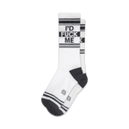 Pair of black and white crew socks with 'I'D FUCK ME' vertically printed. Features black and white stripes.