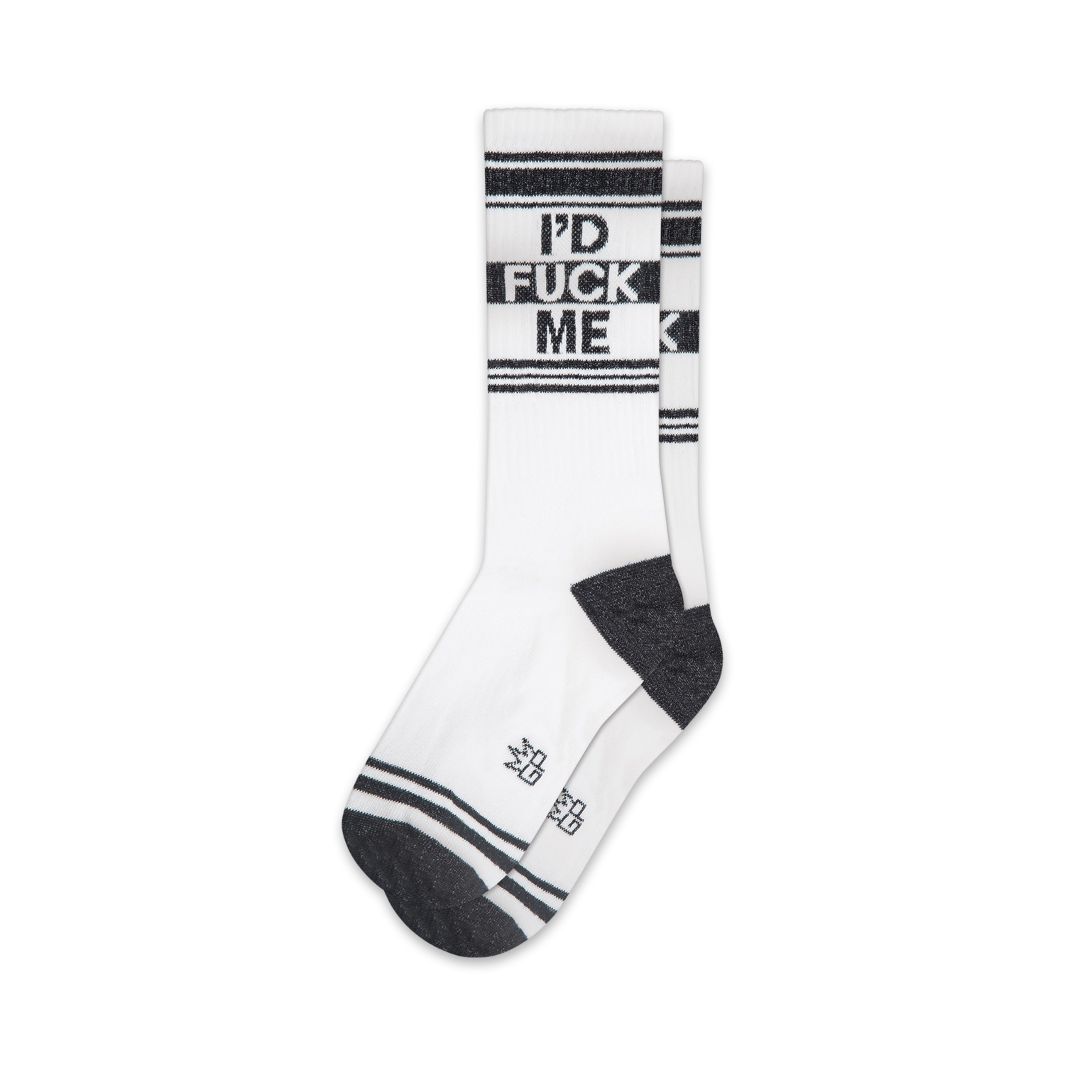 Pair of black and white crew socks with 'I'D FUCK ME' vertically printed. Features black and white stripes.