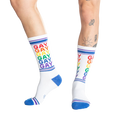 Studio shot: Two pairs of Gay Rainbow socks laid flat.