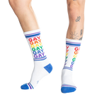 Studio shot: Two pairs of Gay Rainbow socks laid flat.
