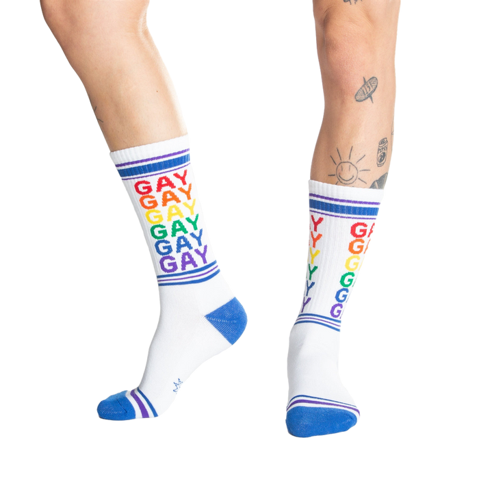 Studio shot: Two pairs of Gay Rainbow socks laid flat.