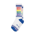 Pair of white crew socks with a rainbow-colored 'GAY' design and blue, purple stripes at the top and bottom.