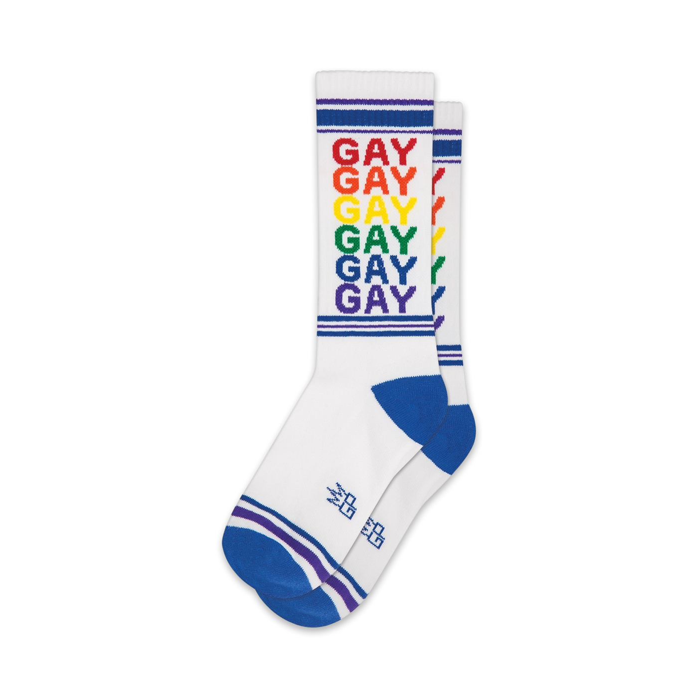 Pair of white crew socks with a rainbow-colored 'GAY' design and blue, purple stripes at the top and bottom.