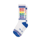 Pair of white crew socks with a rainbow-colored 'GAY' design and blue, purple stripes at the top and bottom.