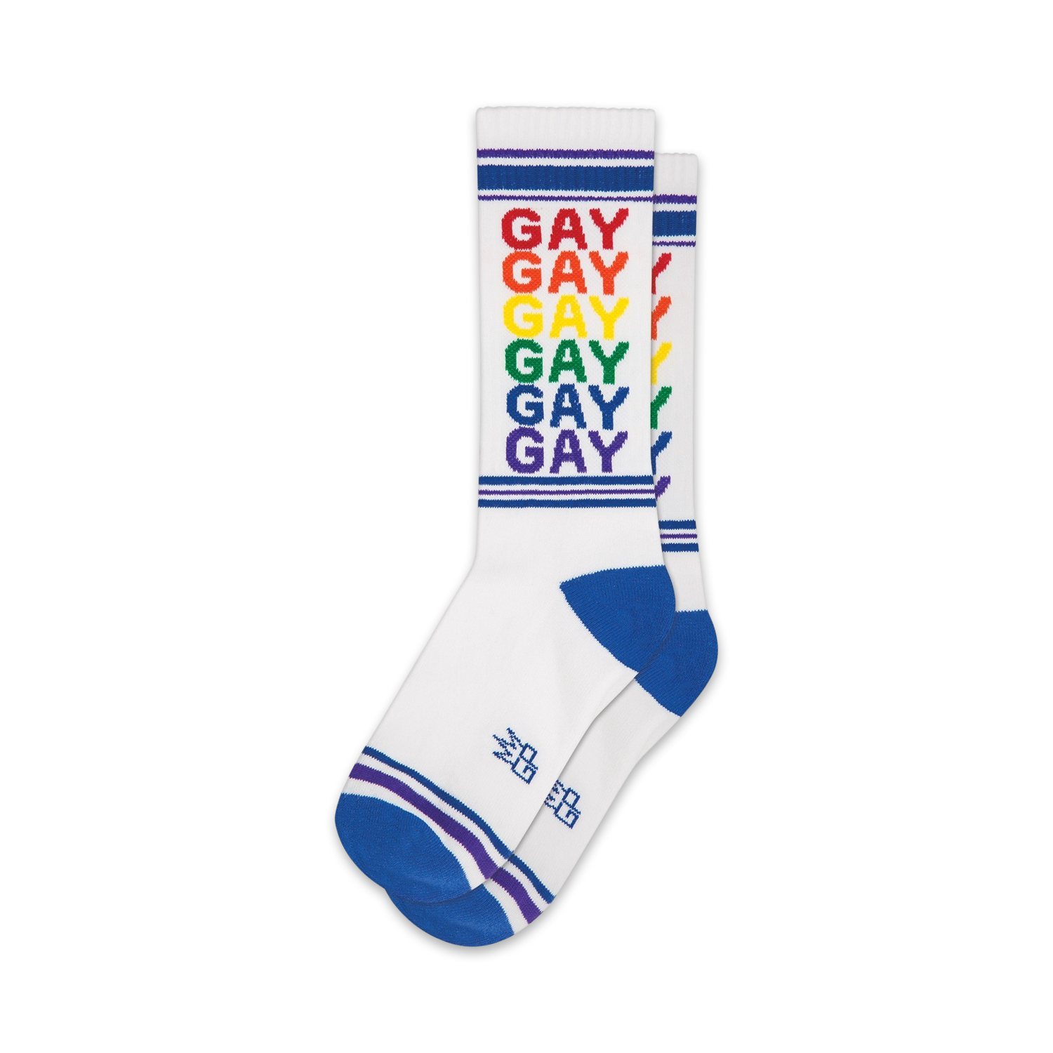 Pair of white crew socks with a rainbow-colored 'GAY' design and blue, purple stripes at the top and bottom.