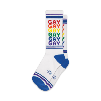  white crew xl socks featuring horizontal rainbow stripes in celebration of pride.  