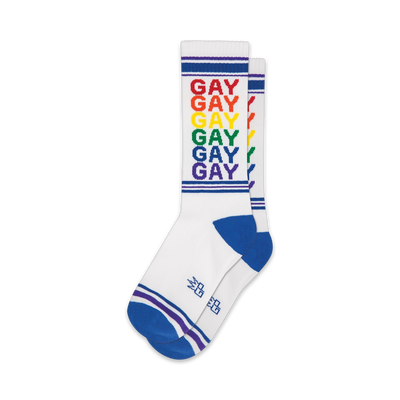  white crew xl socks featuring horizontal rainbow stripes in celebration of pride.  