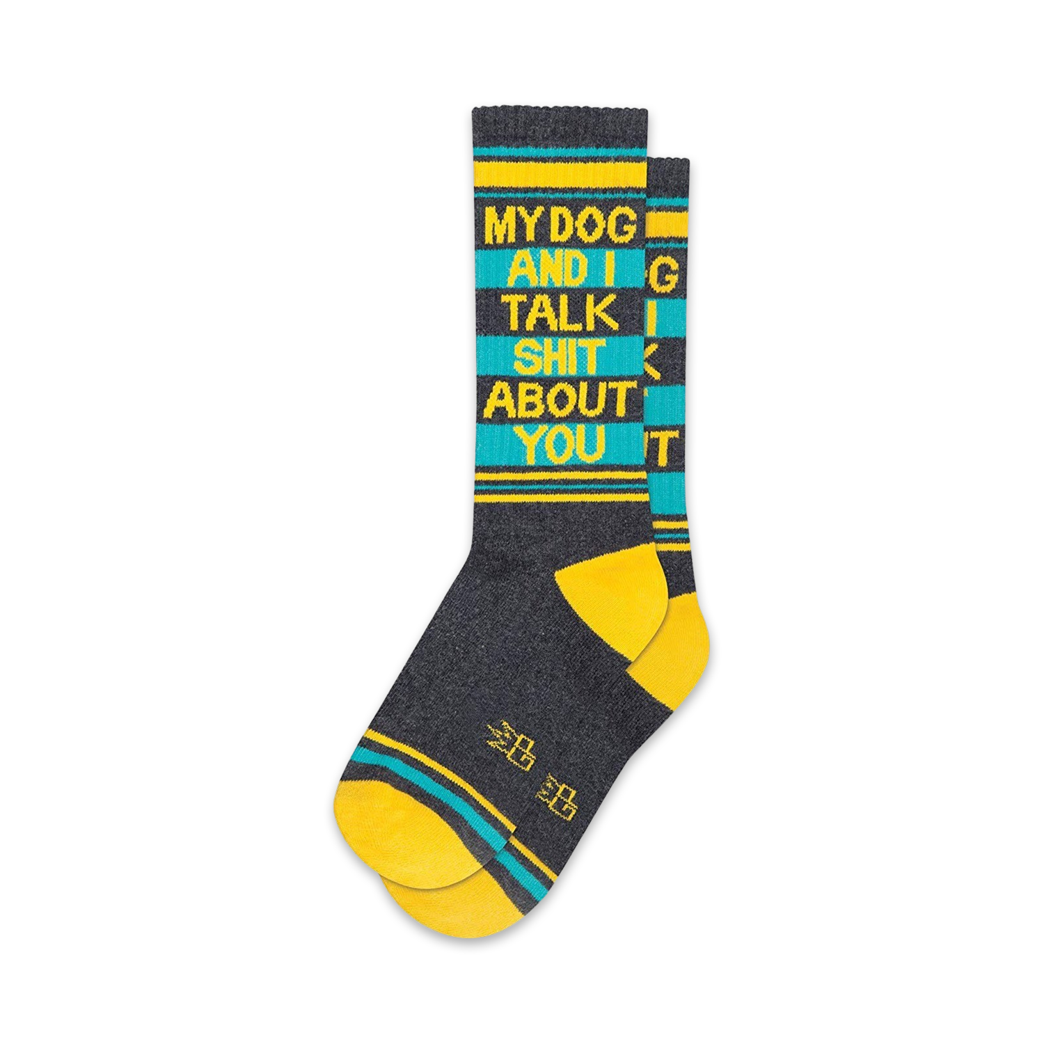 Pair of crew socks in gray, teal, and yellow. Features bold text: 'My Dog and I Talk Shit About You'.