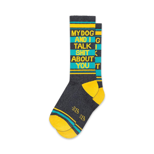 black, gray, teal, and yellow socks with the phrase 
