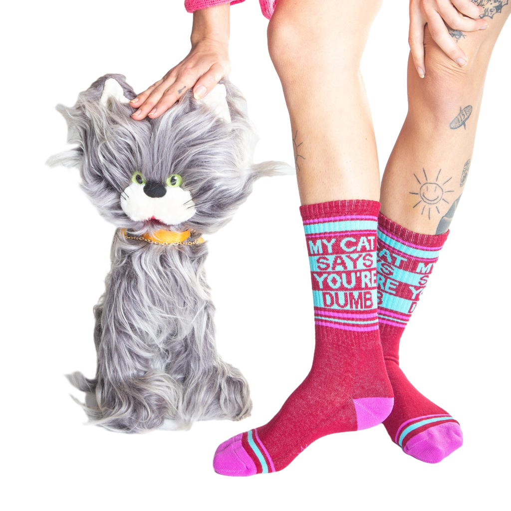Lifestyle photo showing a model wearing the 'My Cat Says You're Dumb' socks with a fluffy gray cat toy.