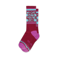 Pair of burgundy crew socks with teal and pink stripes.  Text reads 'My Cat Says You're Dumb'.