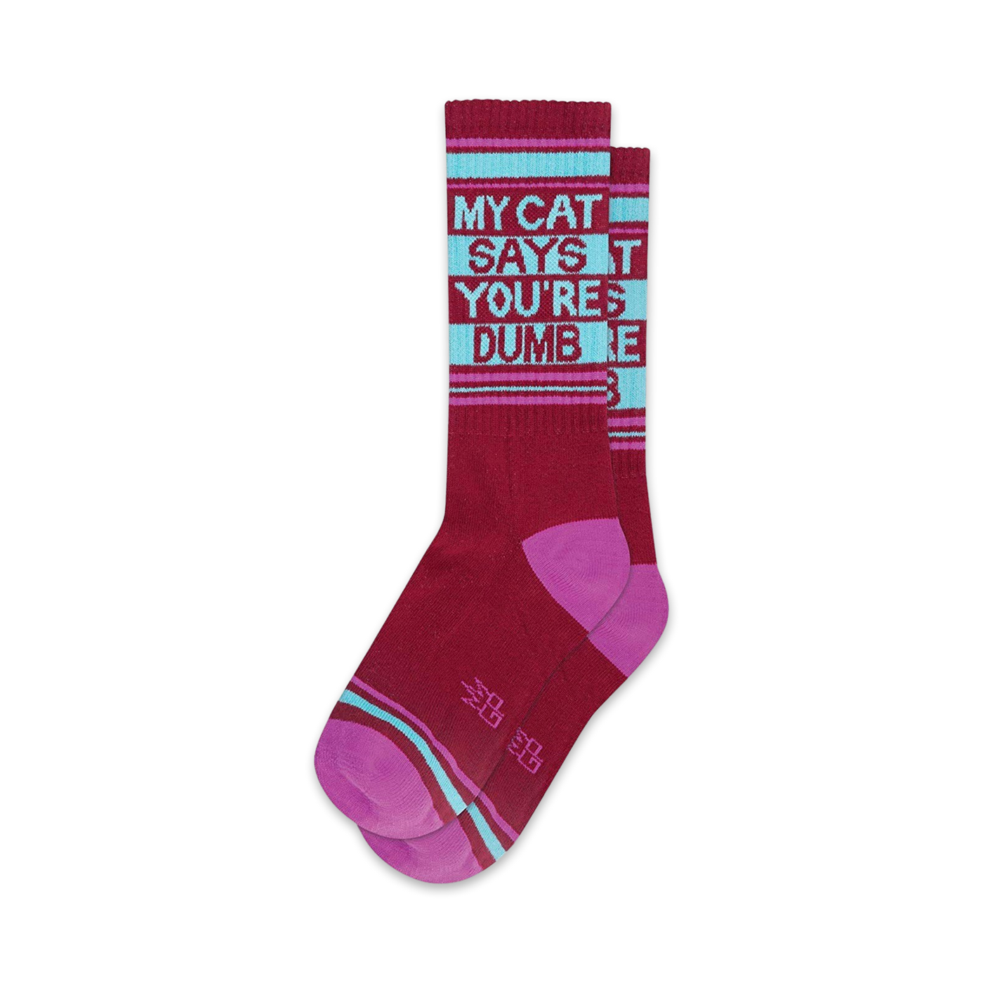 Pair of burgundy crew socks with teal and pink stripes.  Text reads 'My Cat Says You're Dumb'.