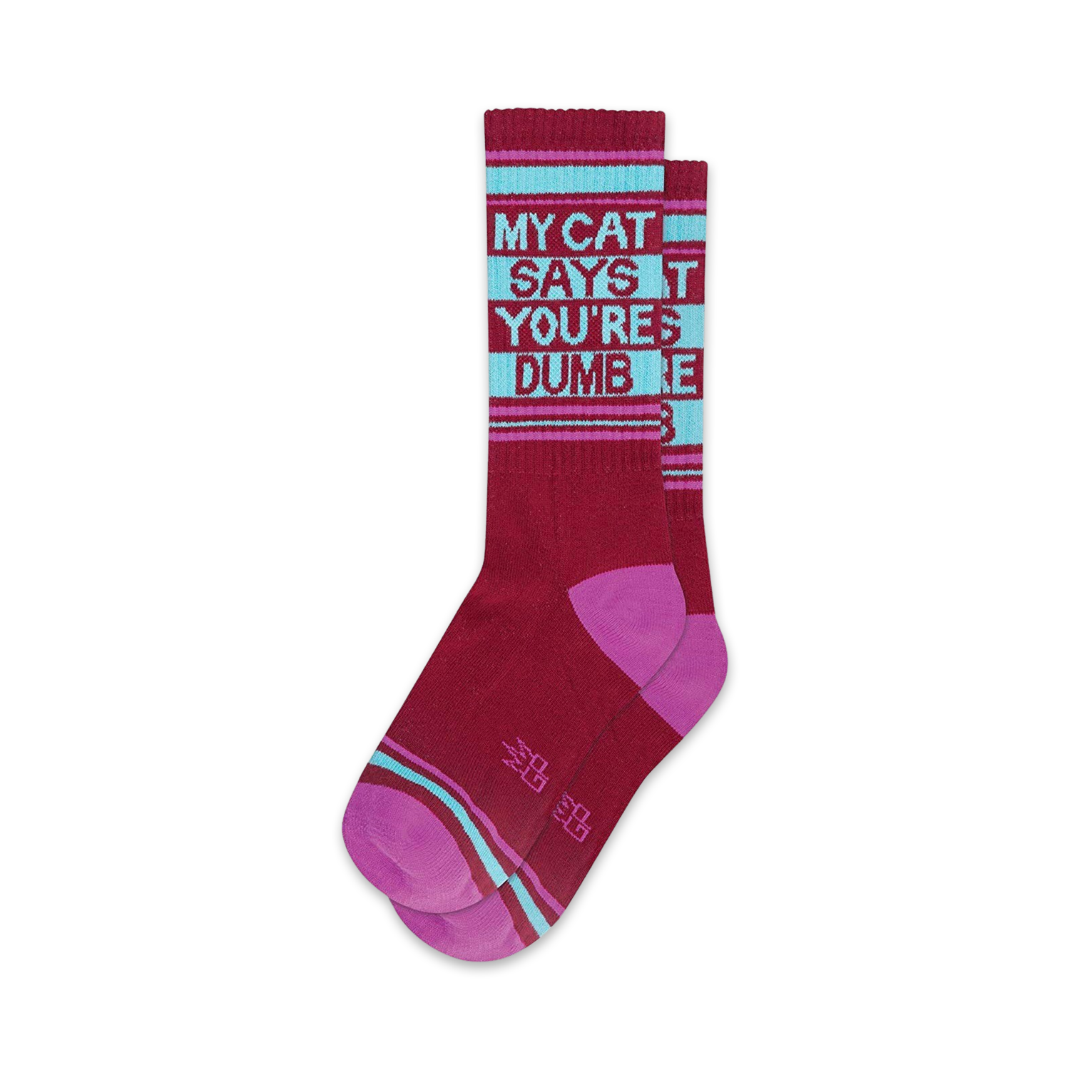 Pair of burgundy crew socks with teal and pink stripes.  Text reads 'My Cat Says You're Dumb'.