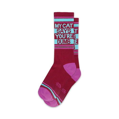 Pair of burgundy crew socks with teal and pink stripes.  Text reads 'My Cat Says You're Dumb'.