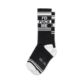 Close-up of black 'I'd Fuck Me' socks with white stripes.