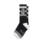 Close-up of black 'I'd Fuck Me' socks with white stripes.
