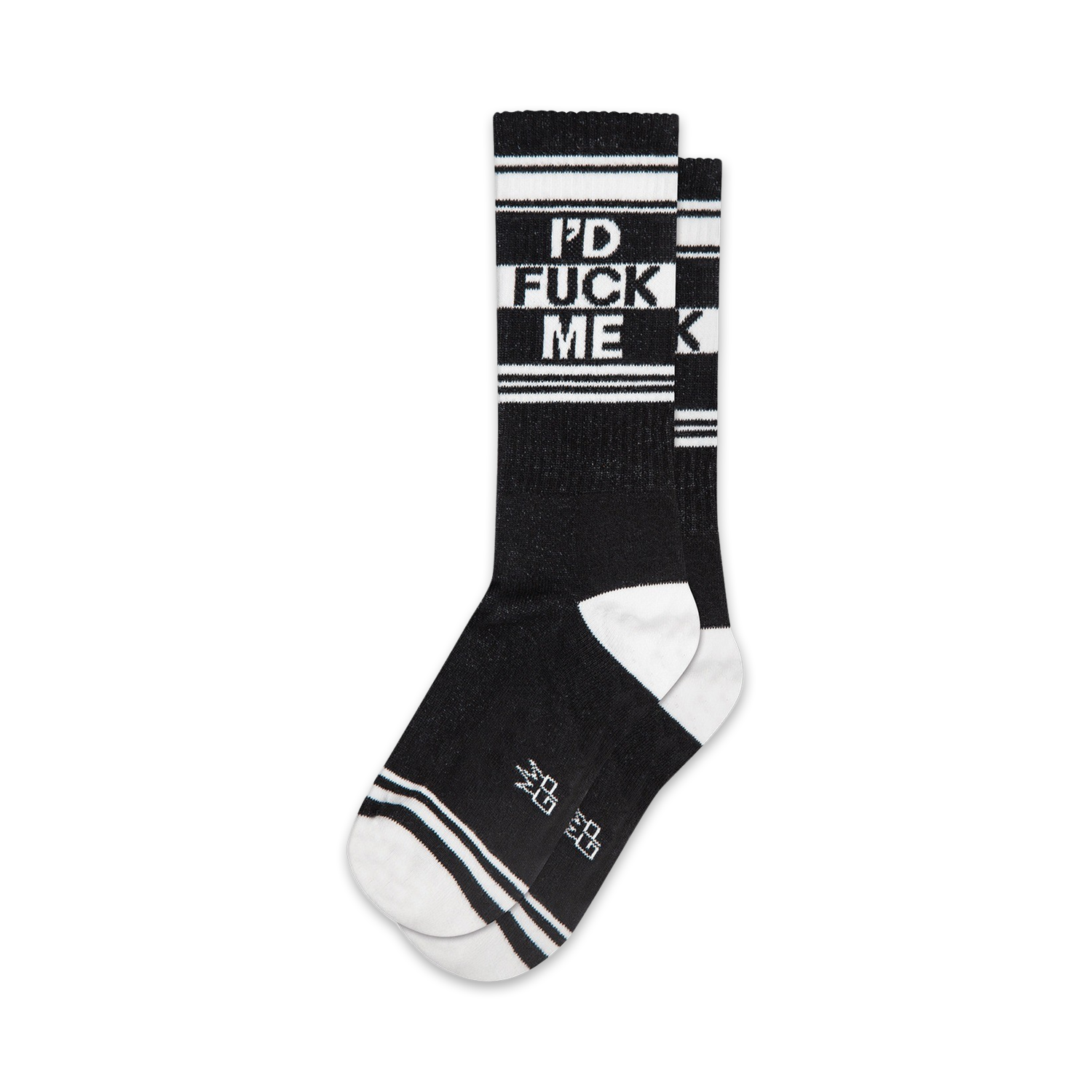 Close-up of black 'I'd Fuck Me' socks with white stripes.