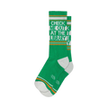 Pair of green crew socks with orange and white stripes and the text 'Check Me Out At The Library'.