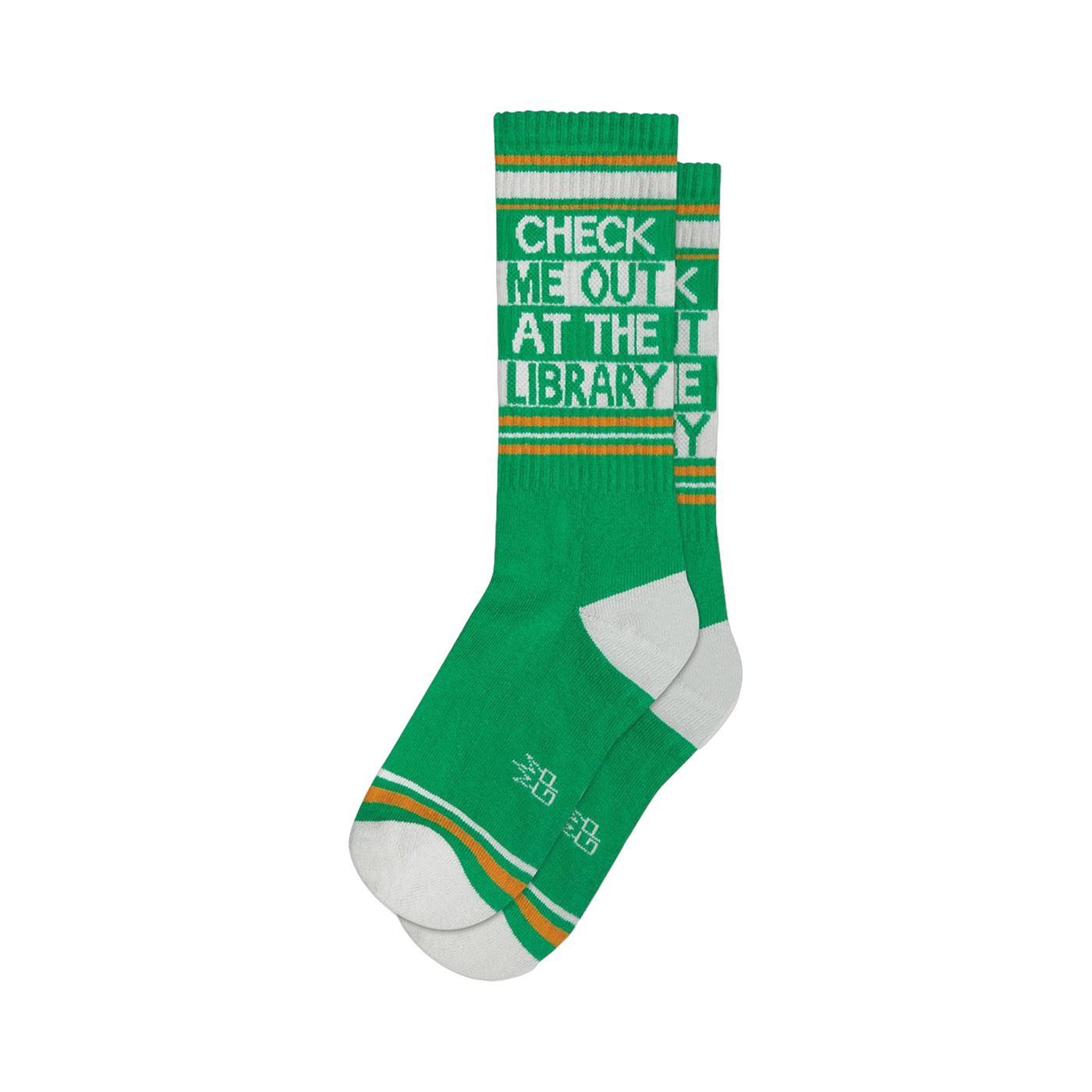 Pair of green crew socks with orange and white stripes and the text 'Check Me Out At The Library'.