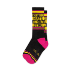 Pair of crew socks in black and hot pink with yellow text reading 'Everything Hurts And I'm Dying'.