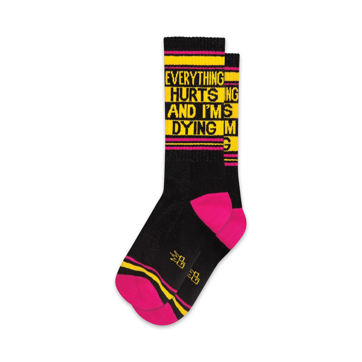 Pair of crew socks in black and hot pink with yellow text reading 'Everything Hurts And I'm Dying'.