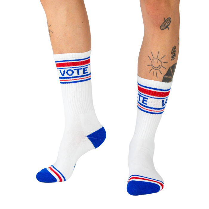 Close-up shot showcasing the 'Vote' socks from multiple angles against a white background.