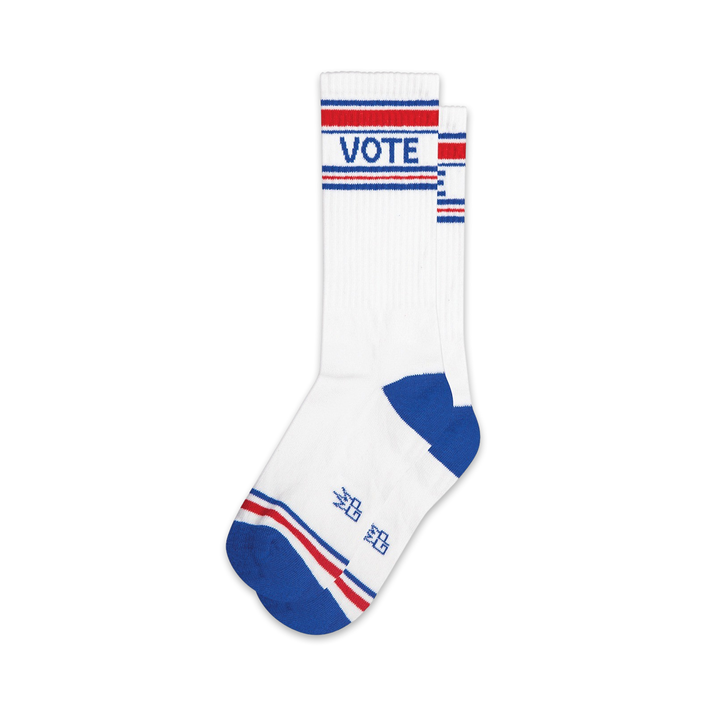 Pair of white crew socks with red, white, and blue stripes and the word VOTE.  Classic style with a patriotic twist.