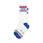 Pair of white crew socks with red, white, and blue stripes and the word VOTE.  Classic style with a patriotic twist.
