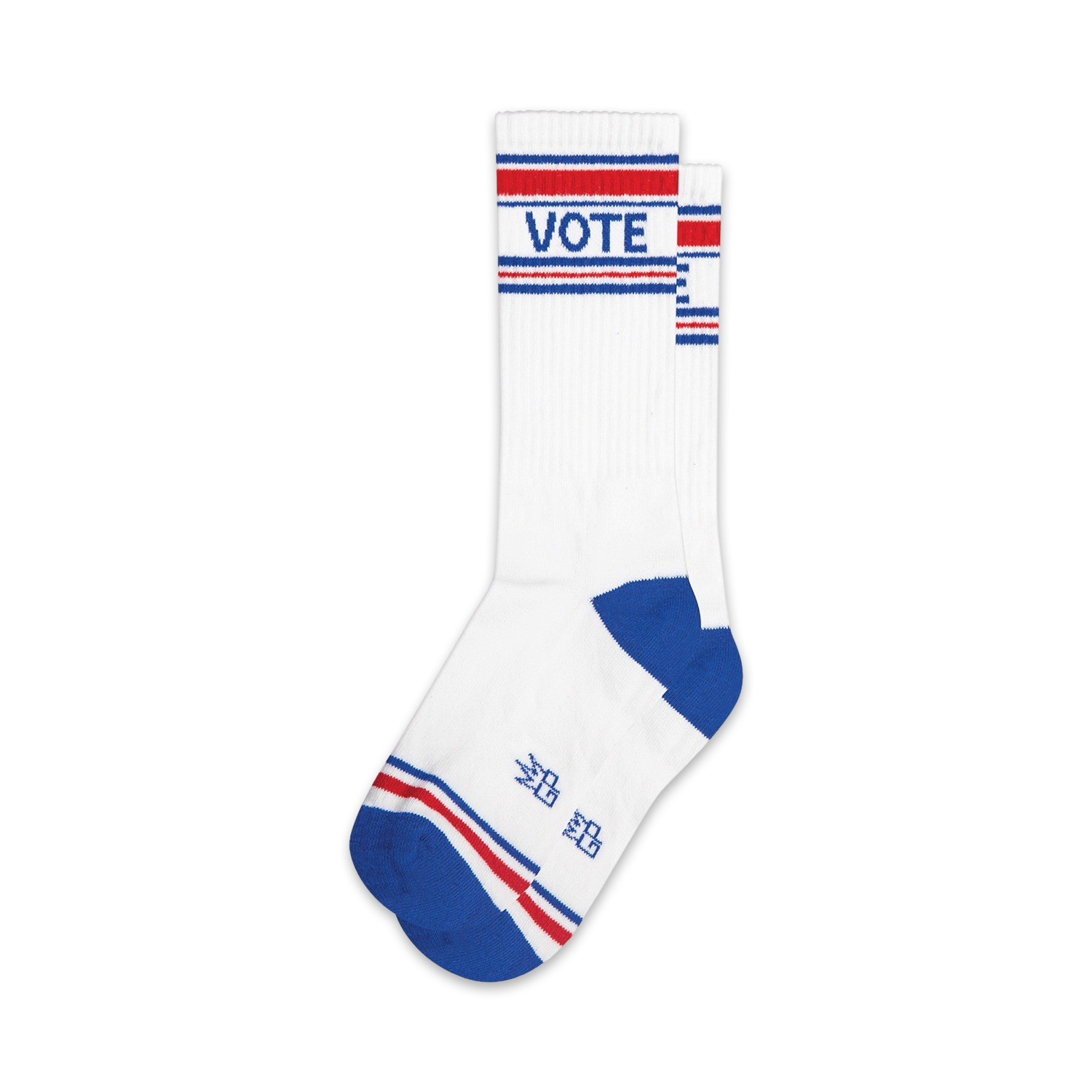 Pair of white crew socks with red, white, and blue stripes and the word VOTE.  Classic style with a patriotic twist.