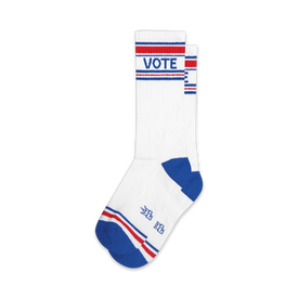 white with red and blue stripes at the top and blue toes and heels crew length political-themed socks.  