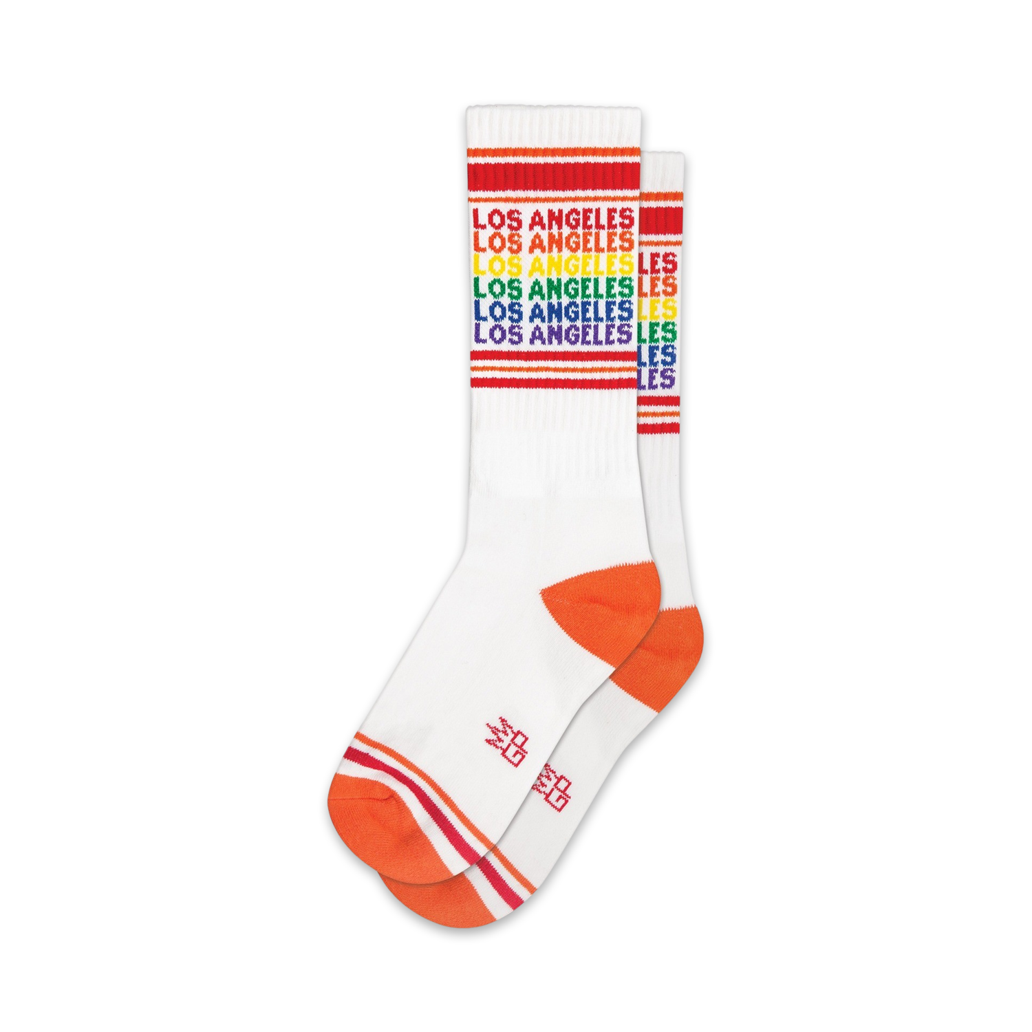Pair of white crew socks with orange cuffs and rainbow-colored 'Los Angeles' text.