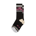 black crew socks, white toes & heels, pink & white stripes, bold "i shit glitter" design.   