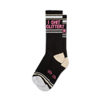 black crew socks, white toes & heels, pink & white stripes, bold "i shit glitter" design.   
