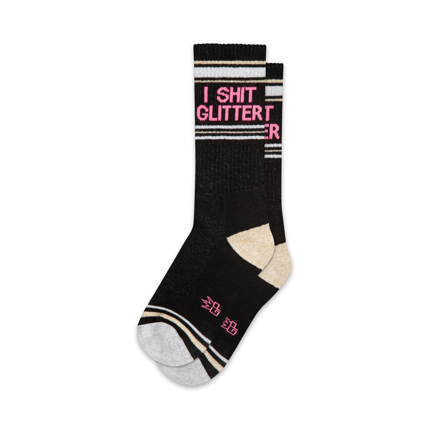 black crew socks, white toes & heels, pink & white stripes, bold "i shit glitter" design.   