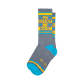 Pair of grey crew socks with teal cuffs and toes.  The socks feature a repeated 'I'd Rather Be Naked' message in yellow text on grey stripes.