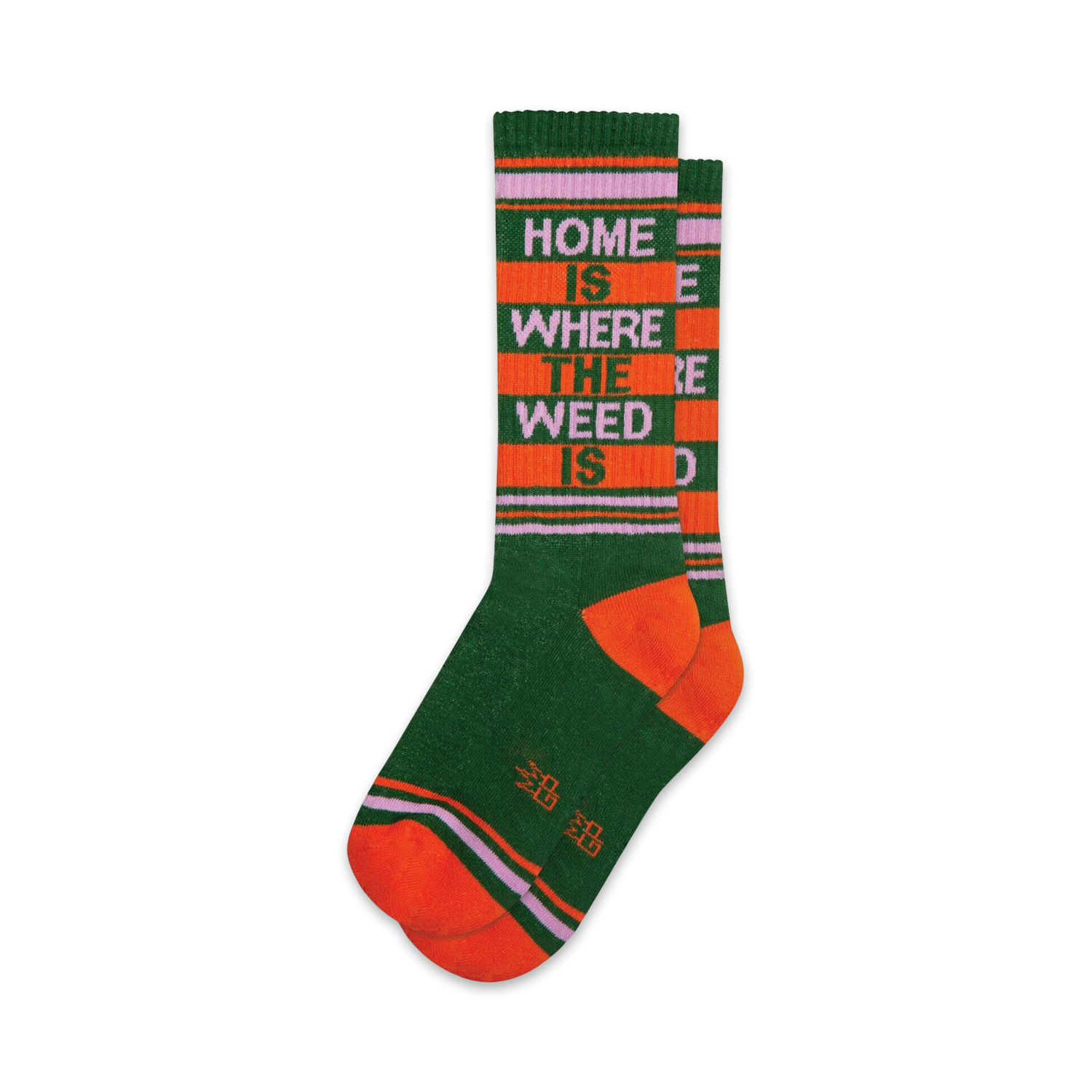 Pair of crew socks in green, orange, and purple.  Features a retro-style stripe pattern and the text 'Home Is Where The Weed Is'.
