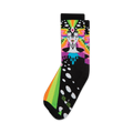 Crew socks in black with a colorful psychedelic design featuring a woman's face, rainbow rays, and white polka dots.