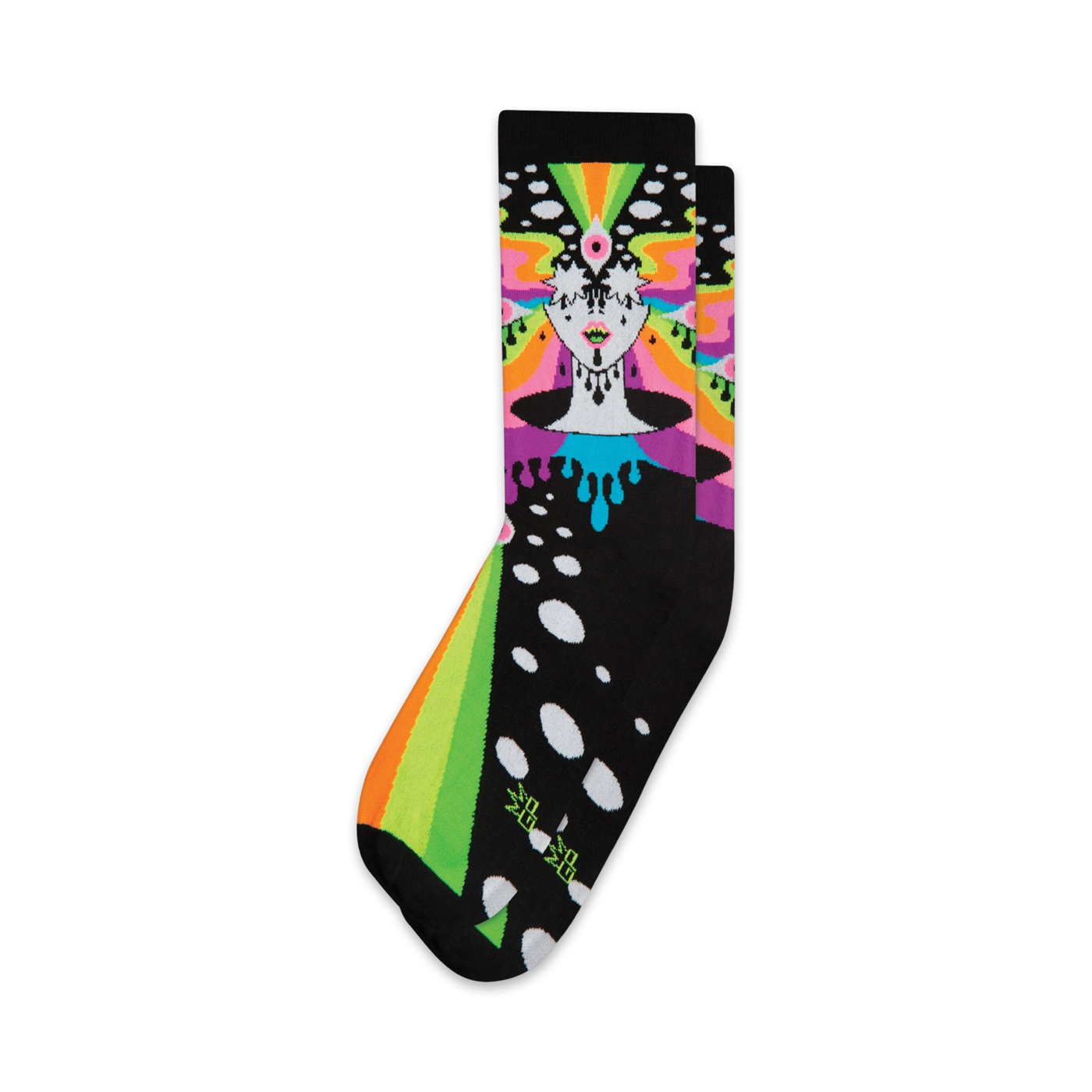 Crew socks in black with a colorful psychedelic design featuring a woman's face, rainbow rays, and white polka dots.