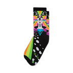 Crew socks in black with a colorful psychedelic design featuring a woman's face, rainbow rays, and white polka dots.