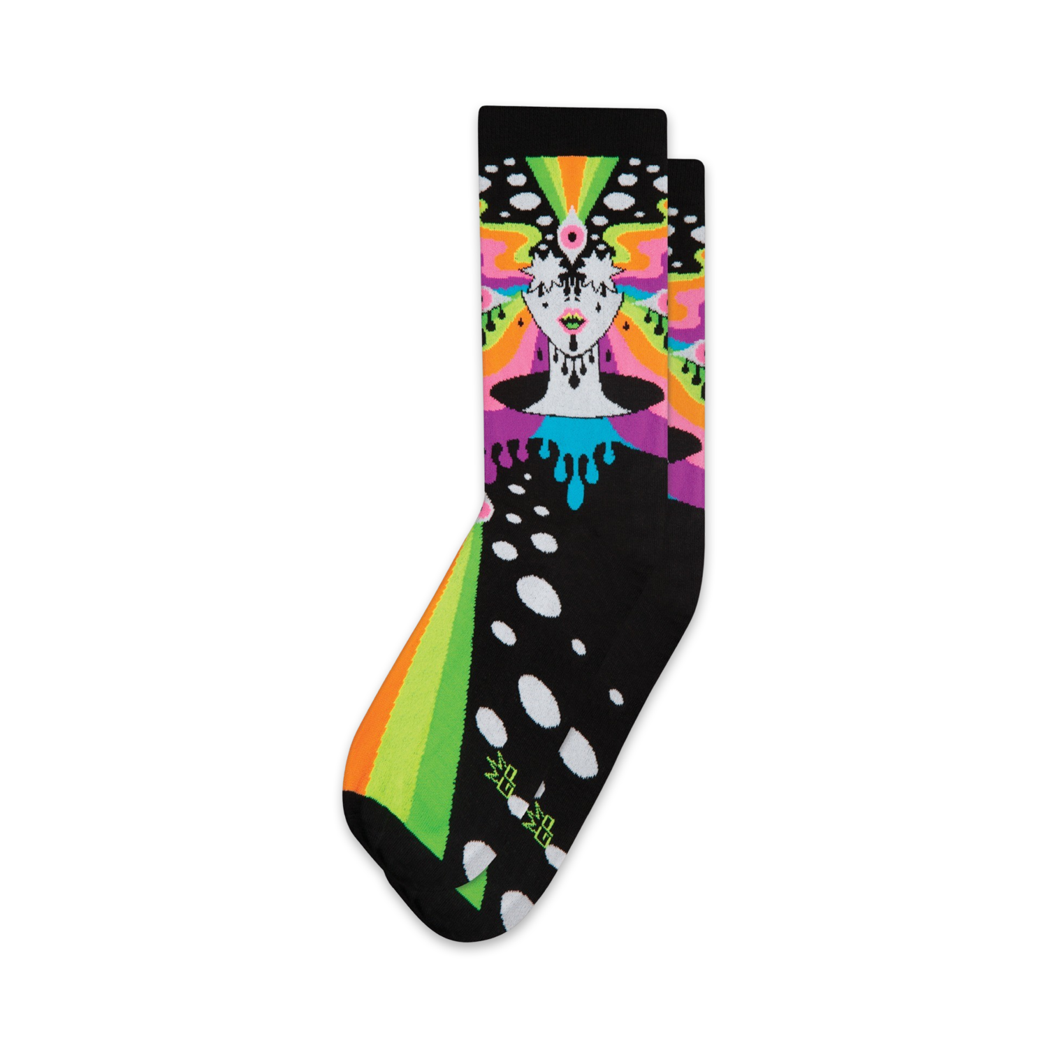 Crew socks in black with a colorful psychedelic design featuring a woman's face, rainbow rays, and white polka dots.