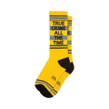 A pair of yellow crew socks with grey stripes and 'TRUE CRIME ALL THE TIME' in black lettering.  Black cuffs and toes.