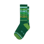 Pair of crew socks in various shades of green. The socks feature a repeating 'Plants' pattern and thin stripes at the top and bottom.
