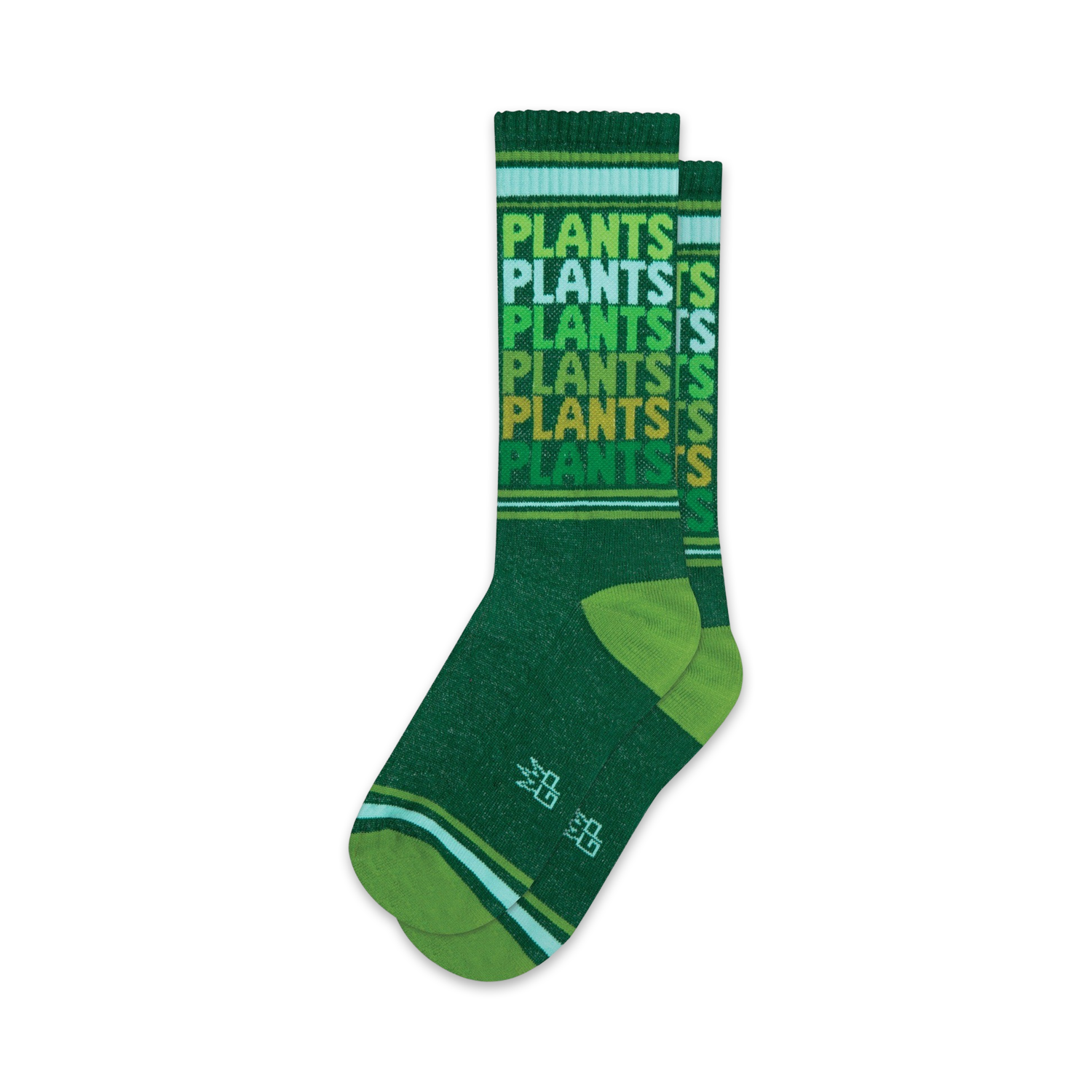 Pair of crew socks in various shades of green. The socks feature a repeating 'Plants' pattern and thin stripes at the top and bottom.