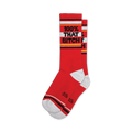 Pair of red crew socks with a white and black '100% THAT BITCH' band.  Features grey and black accents at the cuffs.